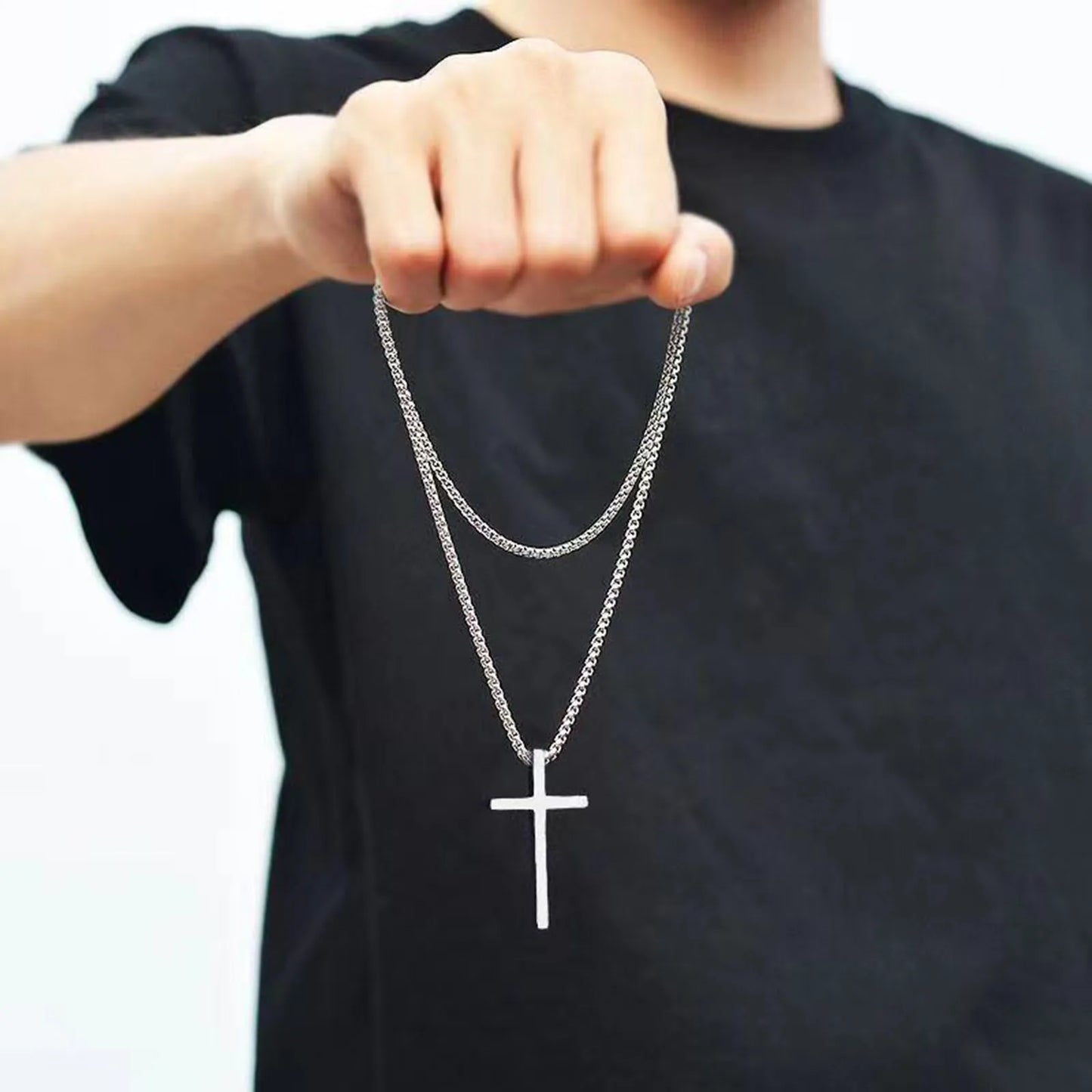 Vnox Cross Necklace for Men Women, Silver Color Plain Cross Pendant Collar with Stainless Steel Box Chain