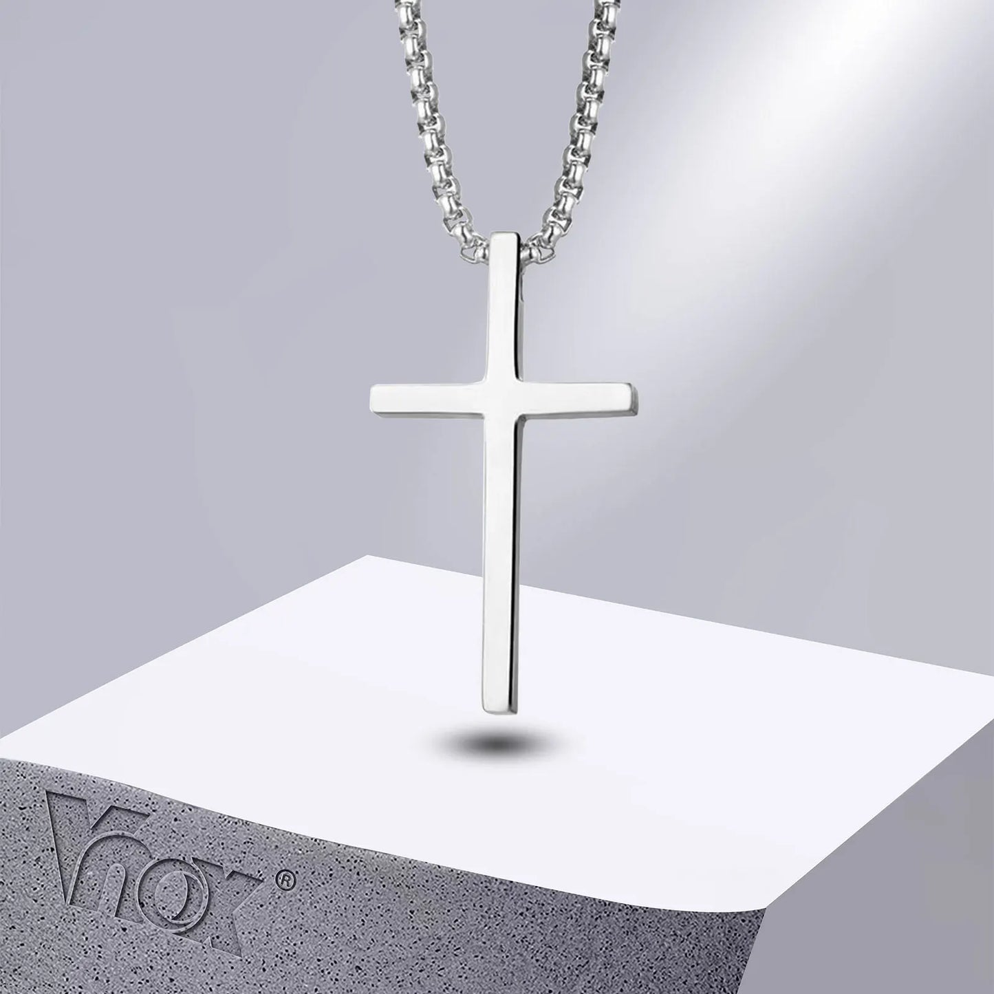 Vnox Cross Necklace for Men Women, Silver Color Plain Cross Pendant Collar with Stainless Steel Box Chain